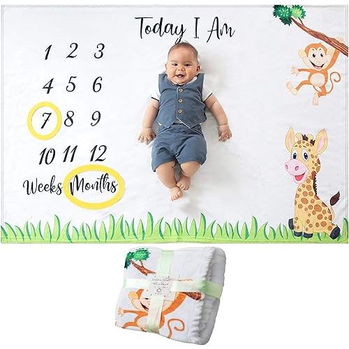 Baby Monthly Milestone Blanket | for Newborn Boy or Girl, Unisex | Month Blanket Baby for Pictures | Jungle Safari, Giraffe & Monkey Theme | Personalized Shower Gifts New Moms | Track Age & Growth