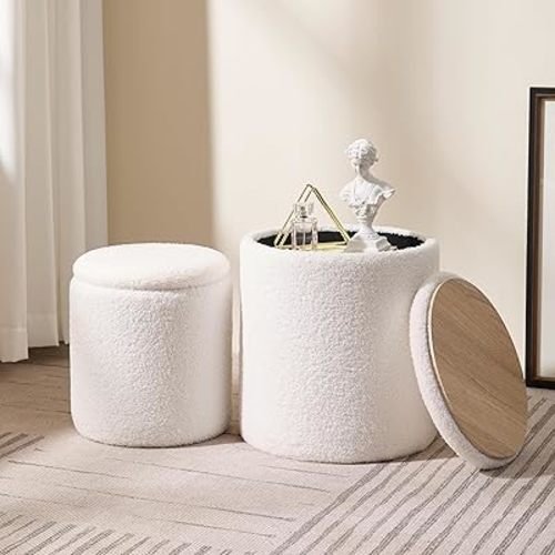 Round Boucle Upholstered Ottoman with Storage Set of 2 Vanity Stool Foot Rest with Removable Lid White Tall Ottomans Chair for Living Room Pouf Footstool,Gifts
