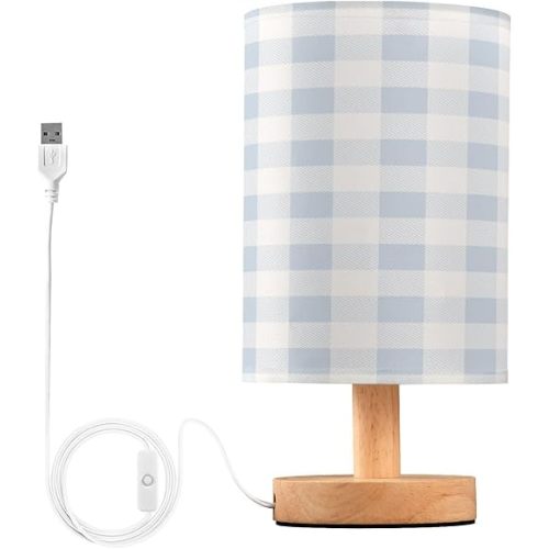 Kigai Blue Gingham Table Lamp for Bedroom LED Bedside Lamp for Nightstand Gingham Lamp Shade Nursery Light with USB Ports for Desk Living Room, Dorm, Home, Office