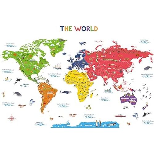 DECOWALL DL3-2212 X-Large World Map Wall Stickers (66x41 inch) kids nusery wall decals home décor art travel boys room baby international color learning tapestry flag