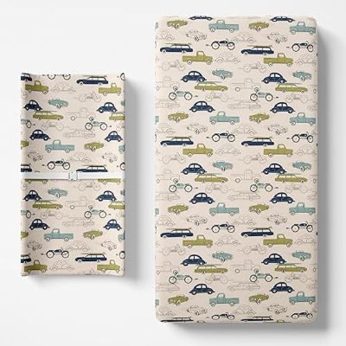 Uptown Traffic Baby Crib Sheet & Diaper Changing Pad Cover Bundle Cars Trucks Motorcycles Racing Automobiles Boys Girls Nursery Blue and Green Combine and Save