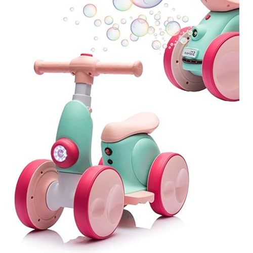 6V Electric Baby Balance Bike with Bubble Machine,4 in 1 Toddler Balance Bike w/Remote for 1 Year Old Boys Girls Kids Bubble Bike Ride on Toys w/Powered Motor,Music,LED Lights (Green&Red)