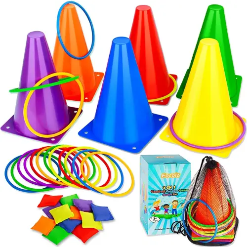 Eocolz 3 in 1 Carnival Games Set, Soft Plastic Cones Bean Bags Ring Toss Games for Kids Birthday Party Outdoor Games Supplies Combo Set