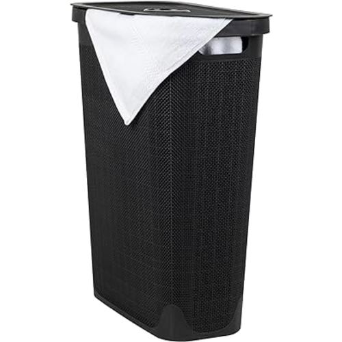 Mind Reader 40L Slim Laundry Hamper, Clothes Basket, Lid, Linen Design, Plastic, 18.5”L x 10.75”W x 23.5”H, Black