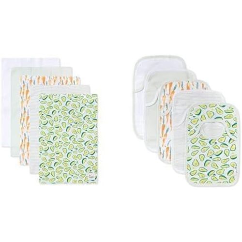 Burt's Bees Baby Avocados & Carrots Bundle: includes 5-Pack Extra Absorbent Baby Bibs, and 5-Pack Lap-Shoulder Drool Cloths - 100% Organic Cotton