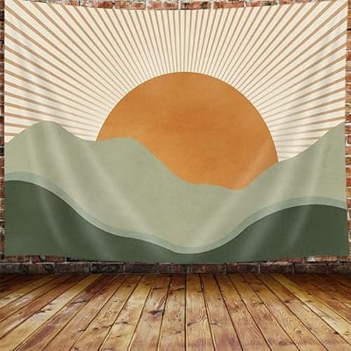 JAWO Boho Sage Green Tapestry, Abstract Mountain Golden Sun Nature Tapestry Wall Hanging for Bedroom, Modern Minimalist Landscape Tapestries Poster Blanket College Dorm Home Decor 60X40Inches