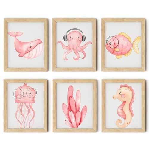 ZZJYYC Ocean Nursery Wall Art Pictures Pink Watercolor Nautical Canvas Art Poster Beach Animal Wall Decor Paintings Sea Whale Jellyfish Seahorse Prints for Baby Kids Room 8x10 Inch Set of 6 Unframed
