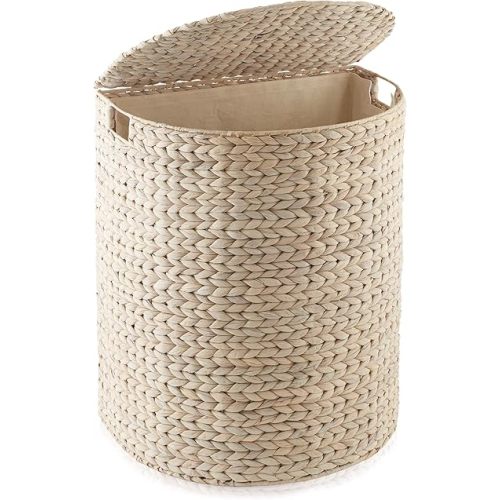 Casafield Half Moon Laundry Hamper with Lid and Removable Liner Bag - Whitewash White Woven Water Hyacinth Laundry Basket for Clothes and Towels