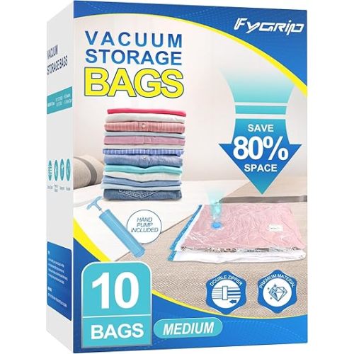 Fygrip 80% Space Saver Vacuum Storage Bags with Hand Pump, 10 Medium