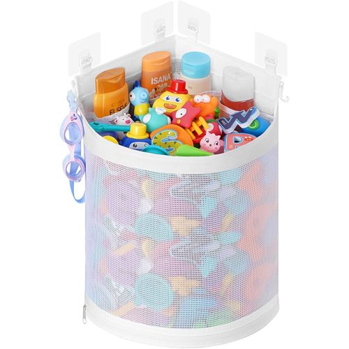 Lifewit Bath Toy Storage Holder, Mesh Shower Caddy for Bathtub Toy Organizer, Corner Hang-Suspension Shower Toy Holder, Bath Toy Basket with 4 Adhesive Hooks for Kids, Toddlers, Large, White
