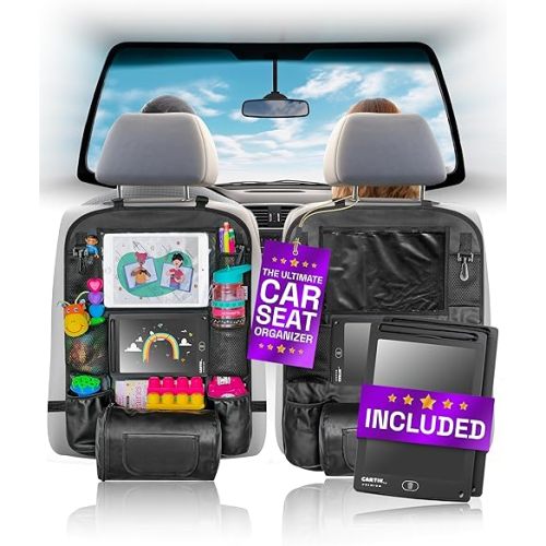 Set of 2x PU Leather Backseat Car Organizers + 2x LCD Drawing Tablets - Car Seat Organizers with Touch Screen Tablet Holder, Back Seat Organizer for Kids, Car Storage for Toys