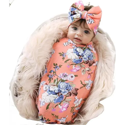 Galabloomer Newborn Receiving Blanket Headband Set Baby Flower Rose Swaddle with Big Bow (Orange)