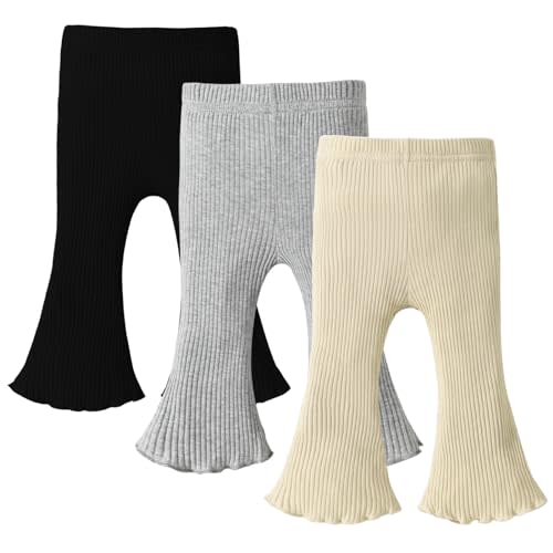 DREAM BUS 3 Pack Baby Girl Pants Toddler Leggings Solid Ribbed Cotton Baby Girls Flare Pants Toddler Bell Bottoms