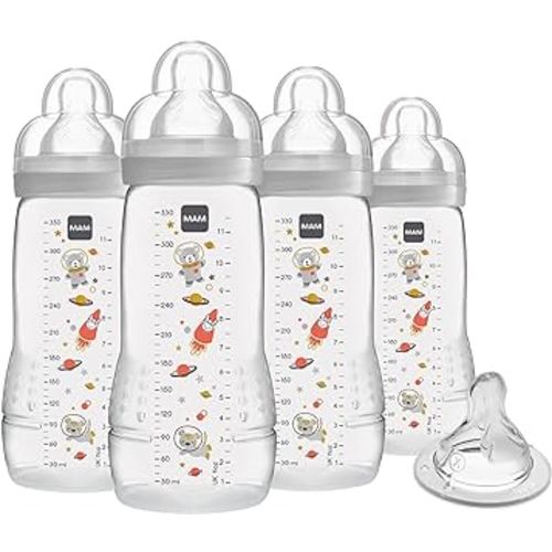 MAM Easy Active Baby Bottle 11 oz with Bonus Nipple, Fast Flow Skinsoft Silicone Nipple with Wide Neck Ergonomic Design, Easy to Hold, BPA-Free Bottles with Leak-Proof Caps for 4+ Months Baby, Unisex