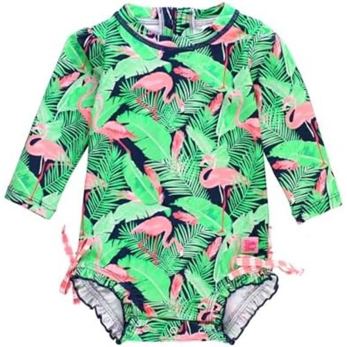 RuffleButts Baby Girls UPF 50+ Sun Protection Tropical Print Long Sleeve One Piece Rash Guard Swimsuit with Zipper