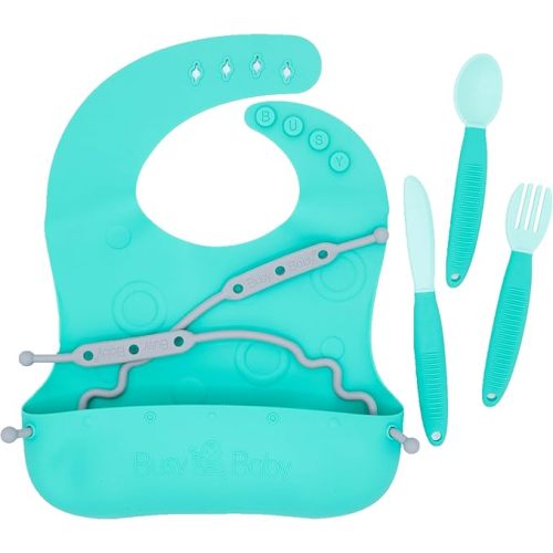 BUSY BABY Bungee Bib & Utensil Set – Adjustable Silicone Bib with Pocket & Tethered Utensils for Babies & Toddlers