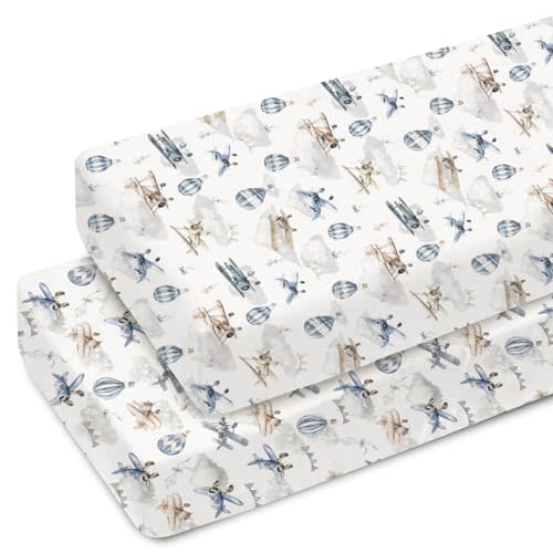 Vintage Planes Airplanes Helicopters Baby Crib Sheets for Boy Girl 52"x28" Hot Air Balloon Plane Clouds Sky Soft Snug Fitted Crib Mattress Cover Baby Sheet for Standard Crib & Toddler Mattress 2 Pack