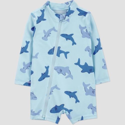 Carter's Just One You®️ Baby Boys' Long Sleeve Sharks Printed One Piece Rash Guard - Light Blue 9M: UPF 50+, Full Zipper