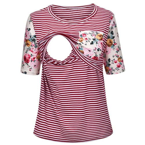 ZTTD Womens Maternity Summer Short Sleeve Striped Printed Nursing Tops Pregnancy Top for Breastfeeding Blouse