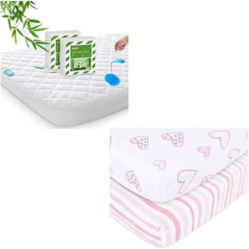 Bamboo Viscose Pack N Play Mattress Protector, 2 Pack, White & Cotton Pack n Play/Mini Crib Sheets, 2 Pack, Pink