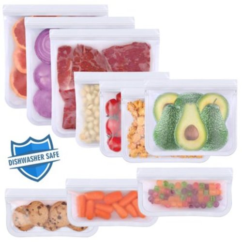10 Pack Dishwasher Safe Reusable Bags, Silicone, Leakproof, BPA Free, Reusable Food Storage Bags for Lunch, Marinate, Freeze, Travel (Clear) - 3 Gallon, 3 Snack, 4 Sandwich