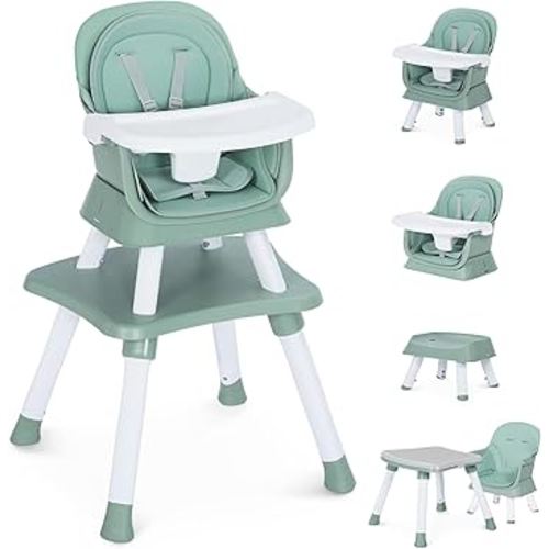 8 in 1 Baby Highchair, Convertible High Chair for Babies and Toddlers, Booster Seat w/5-Point Safety Belt, Toddler Building Block Table, Dishwasher Safe Tray, No Tool Install, Green