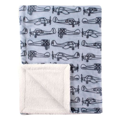 Hudson Baby Infant Boy Plush Blanket With Faux Shearling Back, Airplane, One Size
