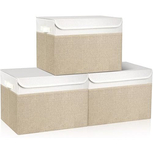 Bagnizer Large 17" 42 Quarts Collapsible Stackable Storage Bins with Lids [3-Pack] Foldable Fabric Linen Storage Boxes Cube, Closet Organizer Baskets with Label (16.7 x 12 x 12, Beige & White)