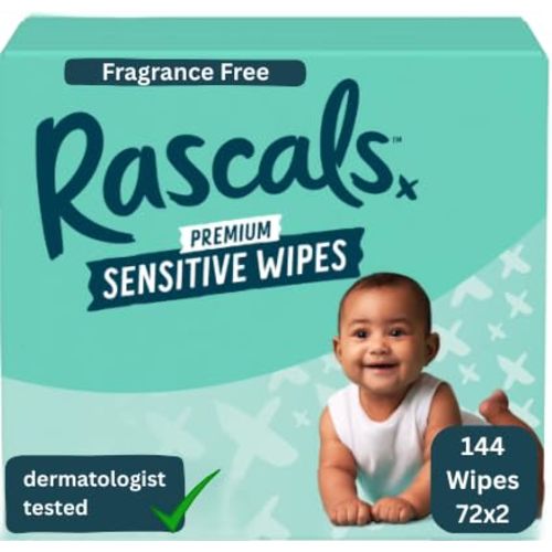 Rascals+Friends Premium Sensitive Baby Wipes, Fragrance Free, Hypoallergenic, Dermatologist Tested, 99% Natural Formula, 72 Count Pack of 2