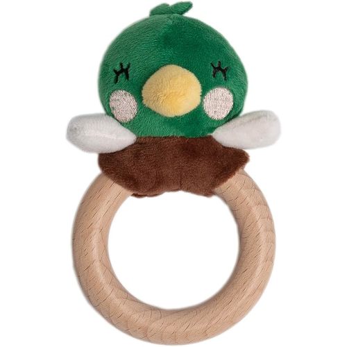 Pearhead Mallard Duck Wooden Teething Ring, Easter Basket Stuffers, Soft Plush Lovey Baby Teether, Natural Wood Infant Rattle Toy for Teething Relief, BPA-Free Newborn Teether Ages 0m+