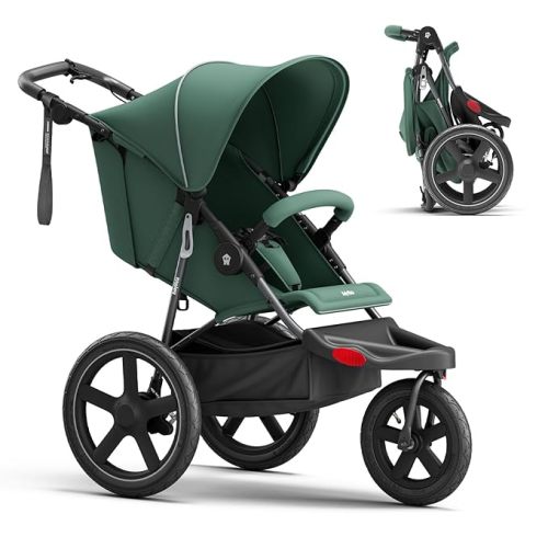 Jogging Stroller, All-Terrain Frame, 12"/16" Inflatable Tires with Angled Valve, Disc Hand Brake & Foot Brake, Adjustable Handlebar, Foldable Jogger Stroller for Babies & Toddlers, Green