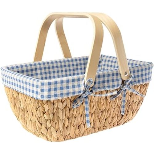 StorageWorks Wicker Basket with Washable Linner, Empty Gift Baskets with Wooden Handle, Water Hyacinth Easter Baskets for Camping, Blue and White Checkered