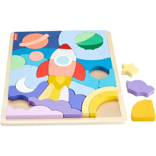 Fisher-Price Preschool Toy Wooden Space Jigsaw Puzzle with Stacking Blocks, 42 Wood Pieces for Sorting Play Ages 3+ Years