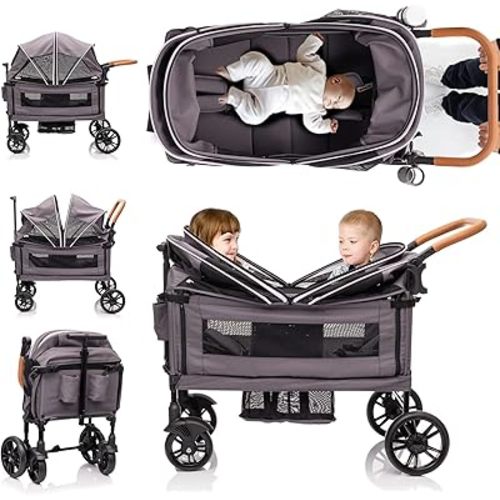 Wagon Stroller for 2 Kids & Cargo Travel Stroller - Double Push-Pull, Lightweight & Folding for Newborn & Toddler, 5-Point Harness, Adjustable Handle & Canopy, Tray Table, Cup Holder
