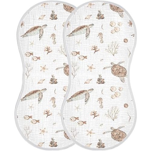 Burbuja Ocean Turtle Muslin Baby Burp Cloths, Soft & Absorbent Cotton Burping Rags for Newborn Boys & Girls, 2 Pack