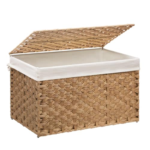 MOORLITER Wicker Storage Basket with Lid, 42.3 Gallon (160L) Large Blanket Basket with Lid, Woven Storage Bin with Handles, Removable Liner, Metal Frame, Foldable, for Bedroom, Laundry Room, Natural