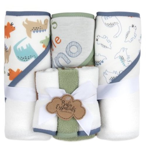 Baby Essentials 6 Piece Printed Hooded Bath Towel and Washcloth Set for Infant, Newborns and Toddlers 3 – 24 Months for Bath Time, Showers, Lounge, Beach and Pool in Daddy's Little Dino Print