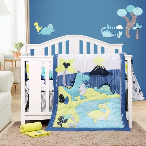 8 PC Dinosaur Crib Bedding Set for Baby Boys, Blue Nursery Set with Quilt/Sheet/Dust Ruffle/Blanket/Diaper Stacker/3 Wall Stickers