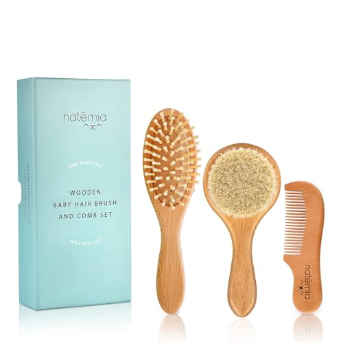 Natemia Baby Hair Brush and Comb Set - Wooden Soft Bristle Brush, Cradle Cap Brush for Newborns and Toddlers