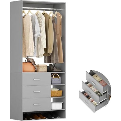 Aheaplus 2.5FT Closet System with 3 Drawers, 29.5’’ Closet Organizer, Grey