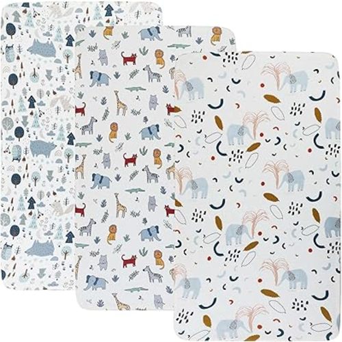 Onacosht Stretchy Bassinet Sheets 33" x 19" Compatible with Mika Micky, KoolaBaby (3 in 1), BabyBond, HARPPA and RICUTON Bedside Bassinet, 3 Pack, Elephant Giraffe Zebra Printing