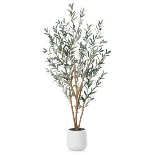 DR.Planzen 6FT Fake Olive Tree with Oval White Planter, Faux Olive Tree with Realistic Leaves and Natural Trunk