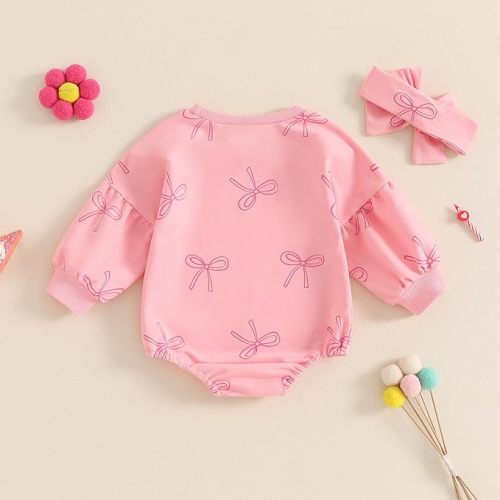 Kayotuas Infant Baby Girl Bow Romper Puff Long Sleeve Sweatshirt Oversized Bubble Sweater Bodysuit Cute Spring Fall Clothes - Pink Bow Print - 3-6 Months