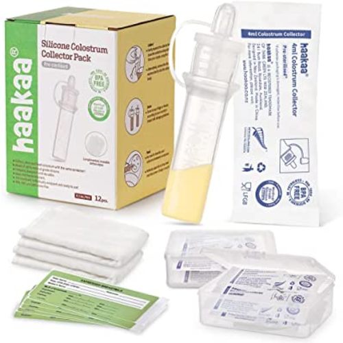 haakaa Colostrum Collector with Storage Case Set, Included 1 pc Reusable  Cotton Wipe and Storage Box (0.1oz/4ml, 6 pcs)