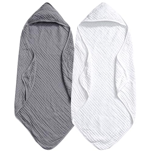 PHF 2 Pack Baby Hooded Towels, 100% Muslin Cotton Baby Bath Towel with Hood for Newborn, Infant, Toddler, Ultra Soft and Absorbent Baby Essentials Bath Towels for Boys Girls, 32x32Inch, White & Grey