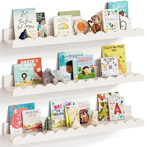 G&W Gruwald Nursery Book Shelves, Set of 3, Nursery Decor for Baby and Toddler, Scalloped Shelves, Book Shelf for Kids Rooms, Wall Book Shelves for Bedroom Kids, Floating Book Shelves for Wall