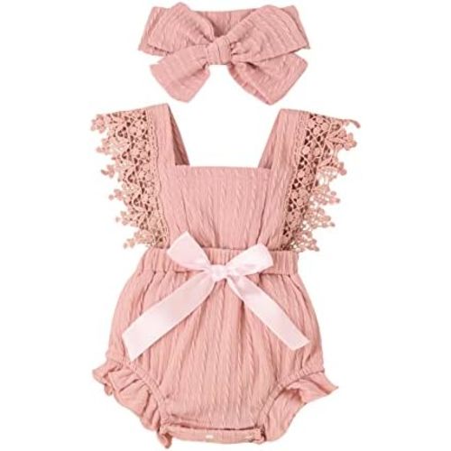 Newborn Baby Girl Lace Romper Ruffle Sleeveless Backless One Piece Jumpsuit Bodysuit with Headband Summer Clothes