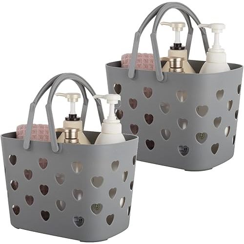 Anyoifax Portable Shower Caddy Tote Plastic Storage Basket with Handle Box Organizer Bin for Bathroom, College Dorm, Pantry, Kitchen, 2 Pack, Grey