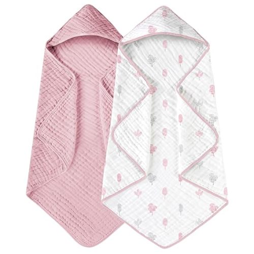 Yoofoss Hooded Baby Towels for Newborn 2 Pack 100% Muslin Cotton Baby Bath Towel with Hood for Babies, Infant, Toddler and Kids, Large 32x32Inch, Soft and Absorbent Newborn Essential - Pink and White Leaf