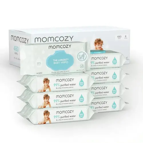 Momcozy Water Baby Wipes-Extra Large Size Design, 99% Water Based Wipes, Unscented & Hypoallergenic, Cleansing & Moisturizing Baby Wipes for Sensitive Skin, 8 Flip-Top Packs (480 Wipes Total)
